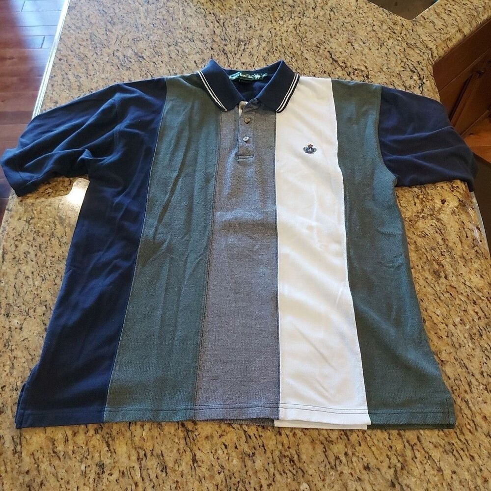 Vintage Knights of Round Table Men's Polo XL Vertical Stripe Embroidered Crest